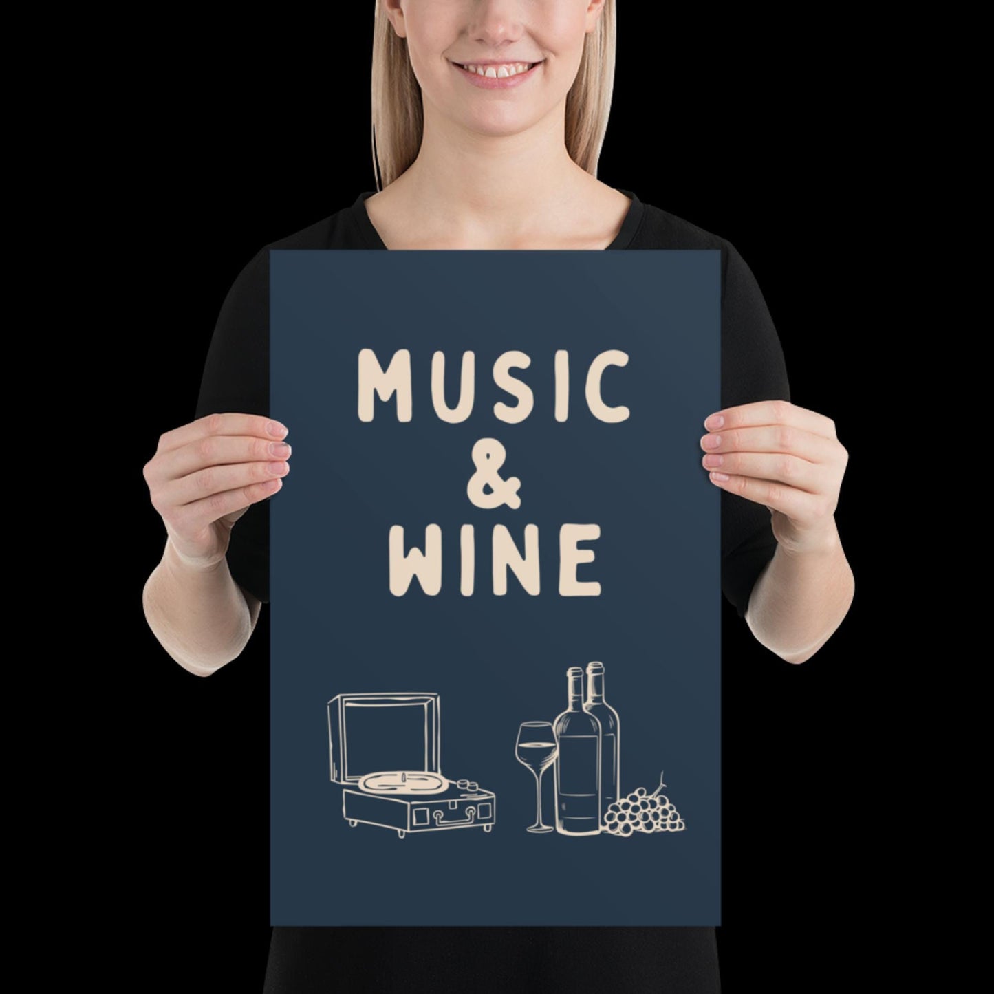 Music and Wine Navy Blue and Beige Wall Print -  Ibiza Colourful Funny Cute Birthday Art Gift Unique Funky House Music Poster Lyrics Kitchen