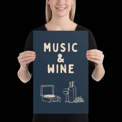 Music and Wine Navy Blue and Beige Wall Print -  Ibiza Colourful Funny Cute Birthday Art Gift Unique Funky House Music Poster Lyrics Kitchen