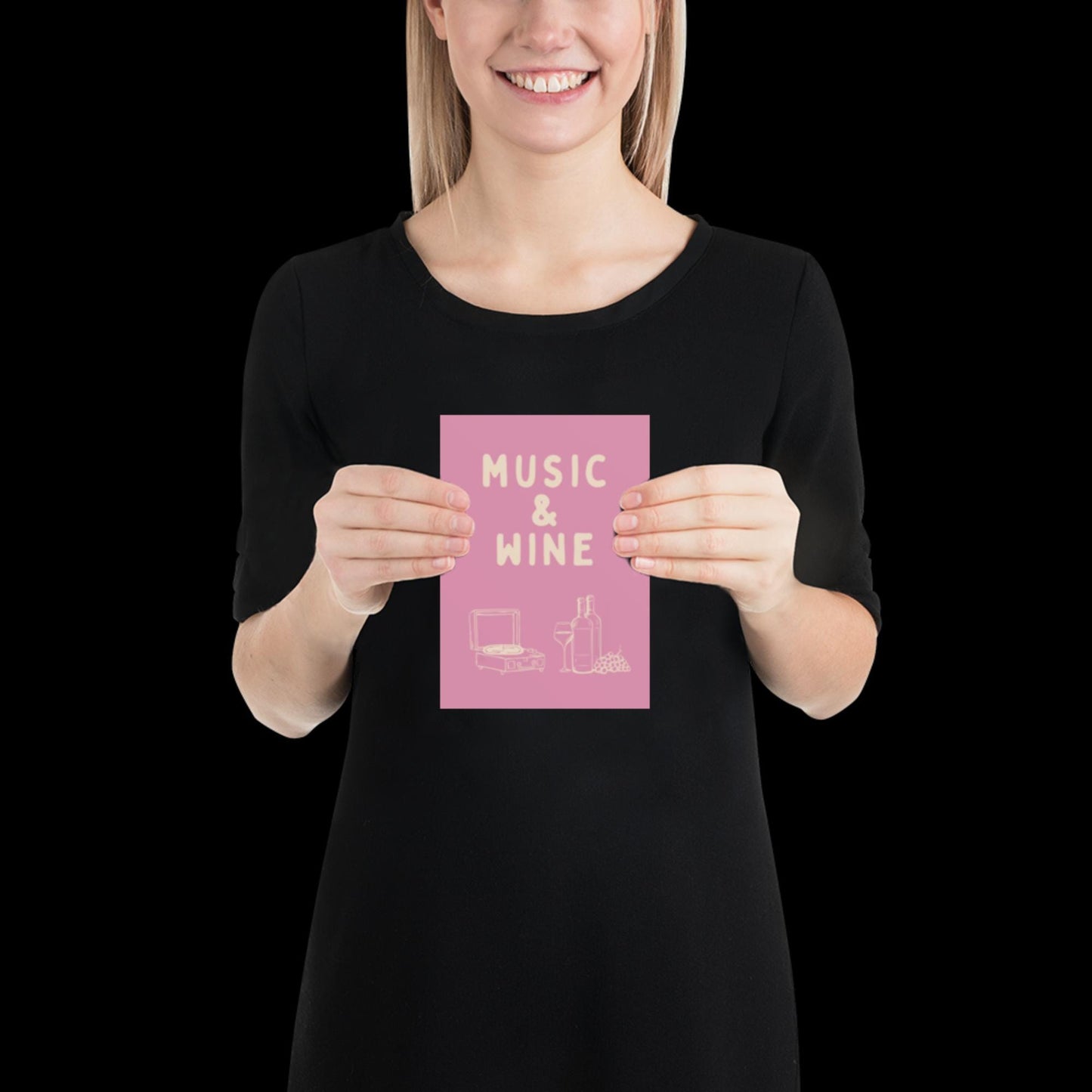 Music and Wine Pink and Beige Wall Print -  Ibiza Colourful Funny Cute Birthday Art Gift Unique Funky House Music Poster Lyrics Kitchen