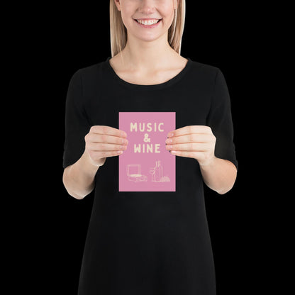 Music and Wine Pink and Beige Wall Print -  Ibiza Colourful Funny Cute Birthday Art Gift Unique Funky House Music Poster Lyrics Kitchen