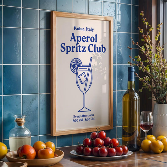 Aperol Spritz Club Blue and Beige Wall Print - Cocktail Wall Art Bold Typographic Drink Poster Groovy Bar Disco Funky