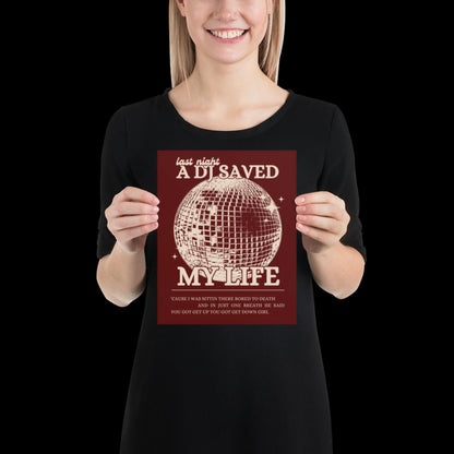 Last Night a DJ Saved My Life Red and Beige Wall Print - Ibiza Colourful Funny Cute Birthday Christmas Gift Unique Leopard Disco Ball