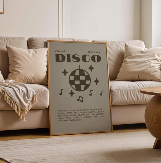 Disco Graphic Khaki Grey Monochrome Wall Print - Ibiza Colourful Funny Cute Birthday Art Gift Unique Funky House Music Poster Lyrics