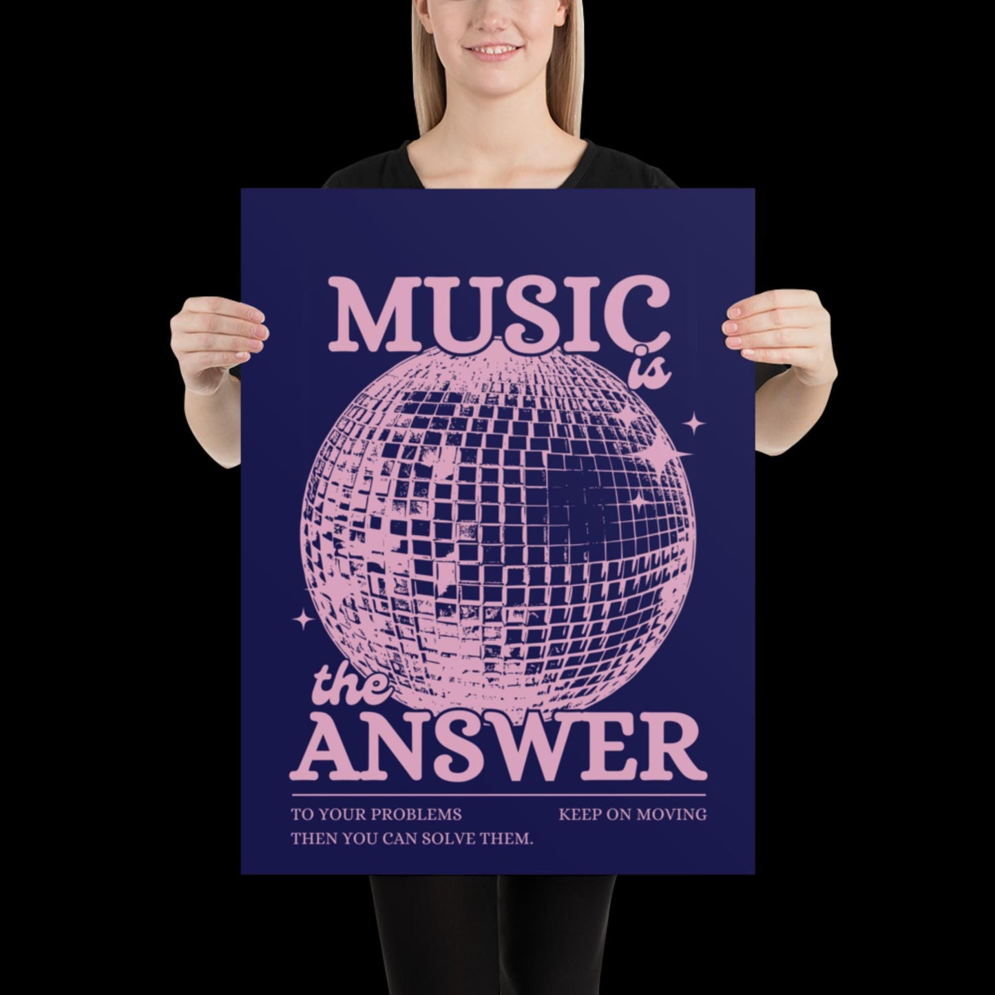 Music is the Answer Navy Blue and Pink Disco Ball Wall Print - Ibiza Colourful Funny Cute Birthday Christmas Gift Unique Leopard Cocktail
