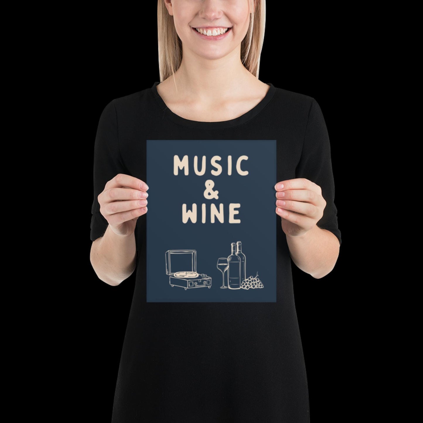Music and Wine Navy Blue and Beige Wall Print -  Ibiza Colourful Funny Cute Birthday Art Gift Unique Funky House Music Poster Lyrics Kitchen