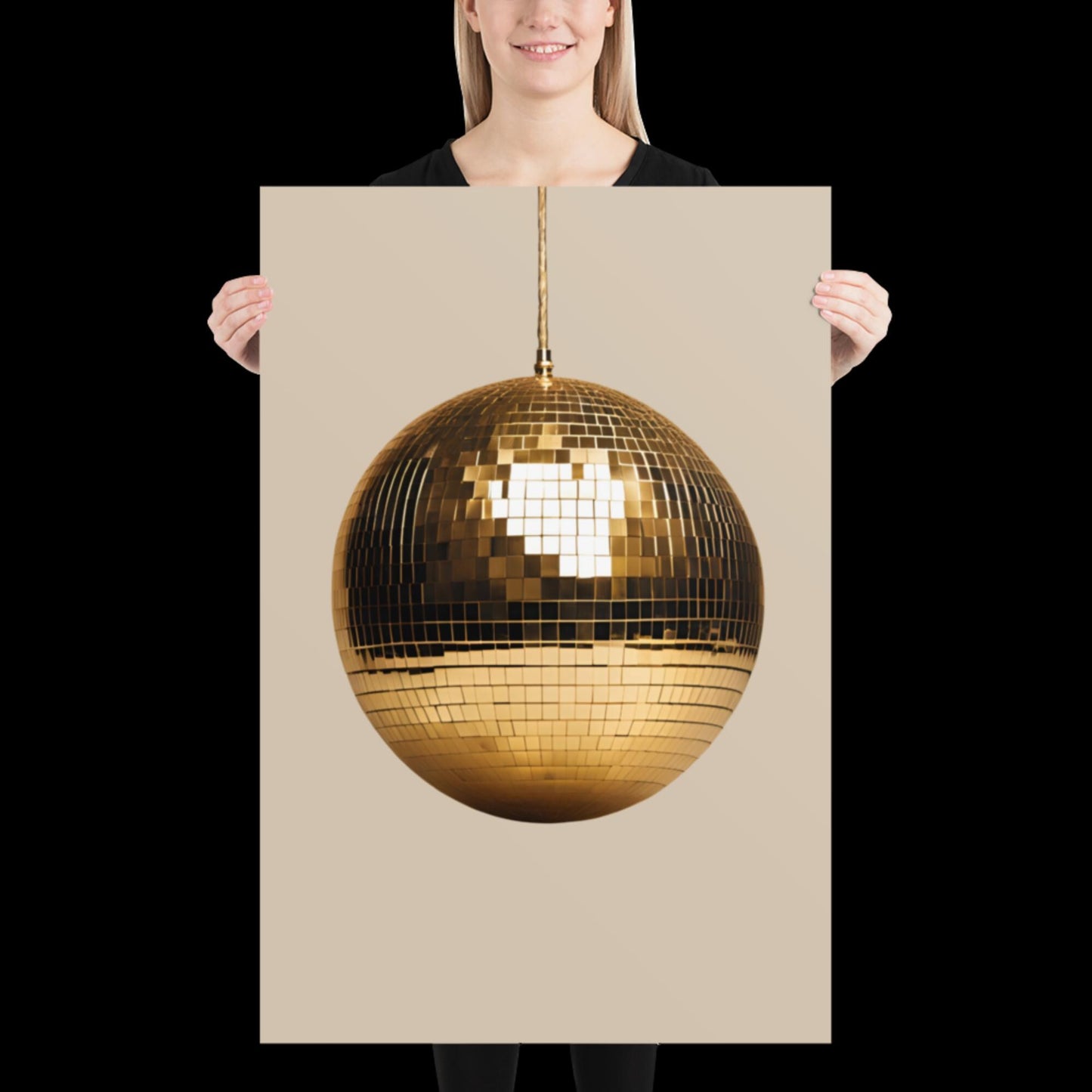 Gold Disco Ball Wall Print | Beige | Mirror Ball | Trendy | Music Poster | Wall Art | Funky | Typographic | A1 A2 A3 | Realistic | Ibiza