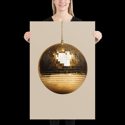 Gold Disco Ball Wall Print | Beige | Mirror Ball | Trendy | Music Poster | Wall Art | Funky | Typographic | A1 A2 A3 | Realistic | Ibiza