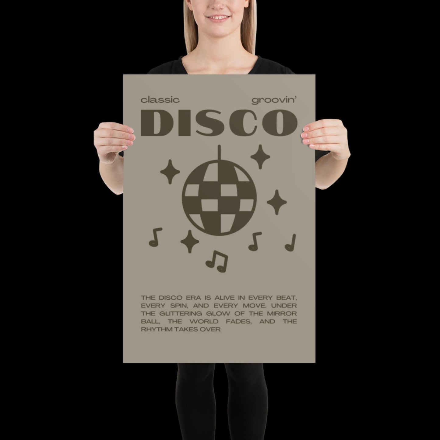 Disco Graphic Khaki Grey Monochrome Wall Print - Ibiza Colourful Funny Cute Birthday Art Gift Unique Funky House Music Poster Lyrics