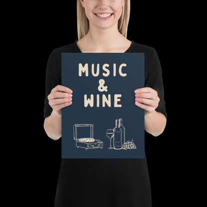 Music and Wine Navy Blue and Beige Wall Print -  Ibiza Colourful Funny Cute Birthday Art Gift Unique Funky House Music Poster Lyrics Kitchen