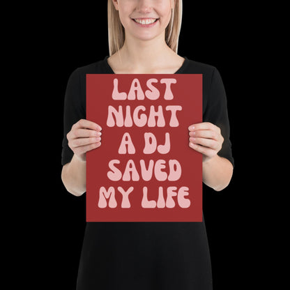 Last Night a DJ Saved My Life Lyrics 001 Red Wall Print - Ibiza Colourful Funny Cute Birthday Art Gift Unique Funky House Music Poster Disco