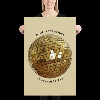 Music is The Answer Gold Disco Ball Wall Print -  Ibiza Colourful Funny Cute Birthday Art Gift Unique Funky House Music Poster Disco