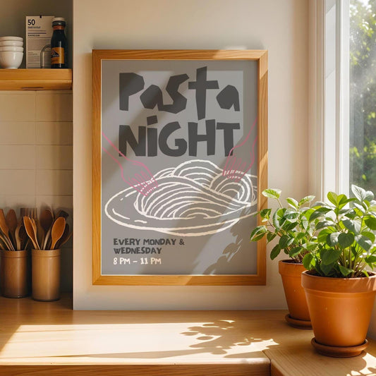 Pasta Night Wall Art Poster • Gray and Pink • Pasta Print Poster • Minimalistic Kitchen Wall Art • Aesthetic • Trendy Wall Art