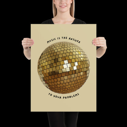 Music is The Answer Gold Disco Ball Wall Print -  Ibiza Colourful Funny Cute Birthday Art Gift Unique Funky House Music Poster Disco