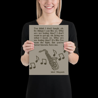Jubel Klingande Inspired Print Silver Khaki - Song Lyric Music Poster Wall Art Typographic Lyrics Ibiza House Music Wall Decor Saxophone