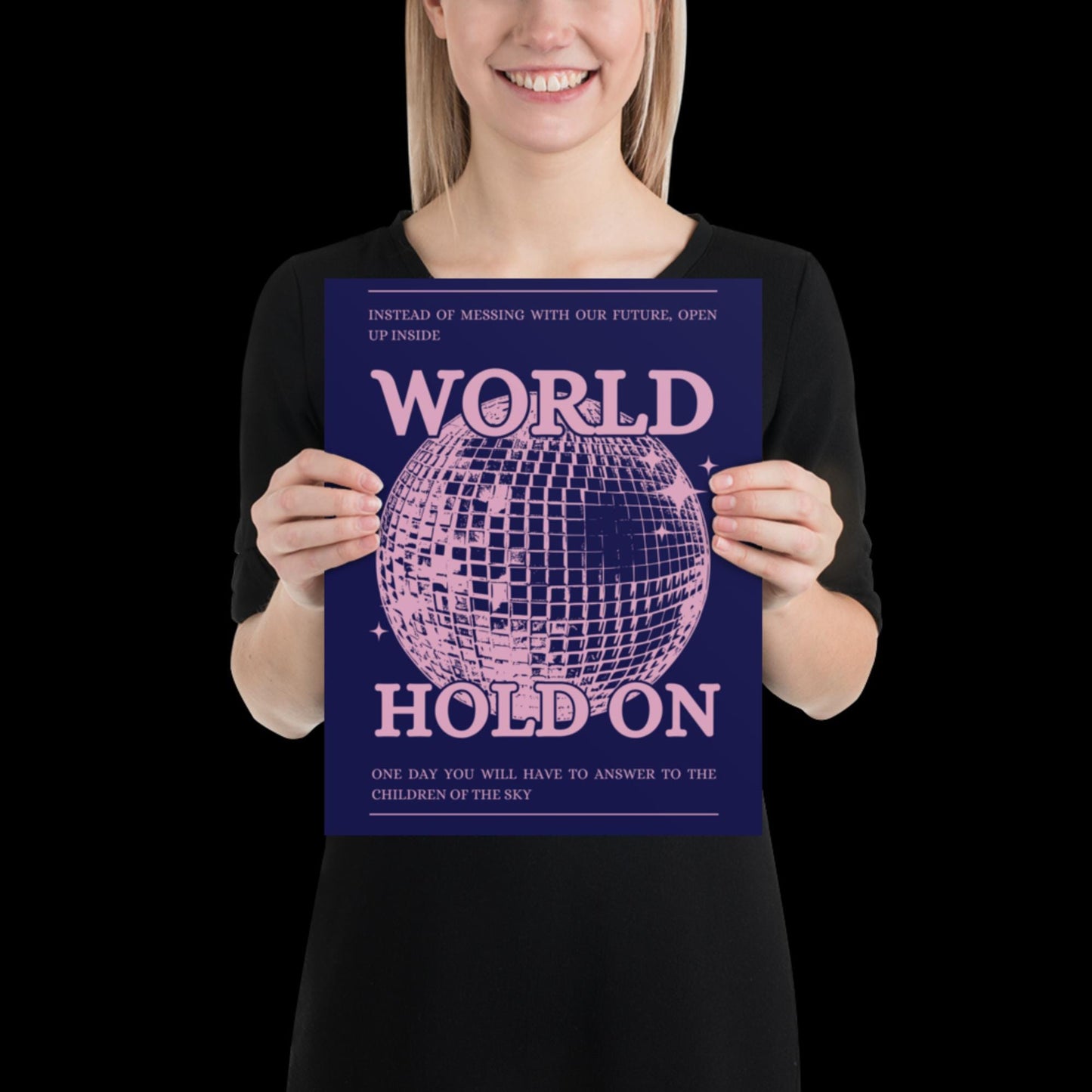 World Hold On Navy Blue and Pink Disco Ball Wall Print - Ibiza Colourful Funny Cute Birthday Christmas Gift Unique Leopard Cocktail