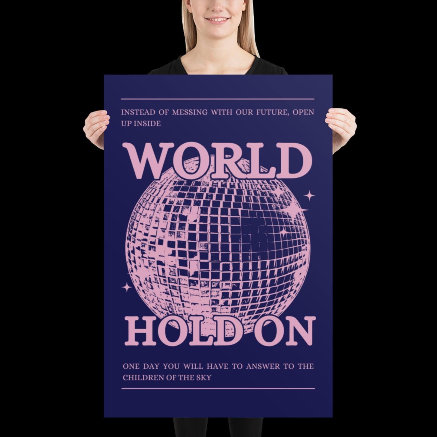 World Hold On Navy Blue and Pink Disco Ball Wall Print - Ibiza Colourful Funny Cute Birthday Christmas Gift Unique Leopard Cocktail