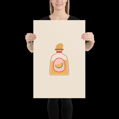 Tequila Bottle Spicy Margarita Beige Wall Print | Bar Cart Art | Cherry Print | Cocktail Alcohol Poster | A1 A2 Physical Print | Kitchen Art