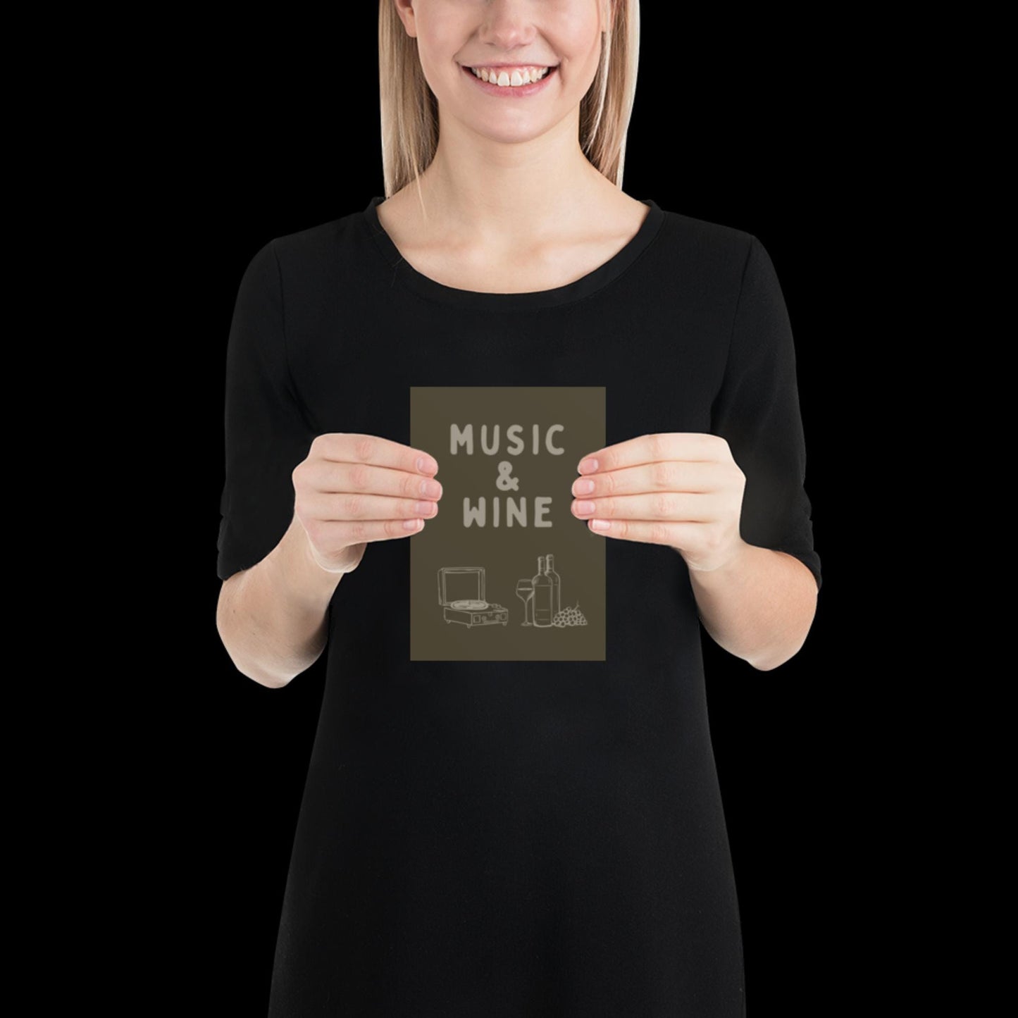 Music and Wine Khaki Green Wall Print -  Ibiza Colourful Funny Cute Birthday Art Gift Unique Funky House Music Poster Lyrics Kitchen