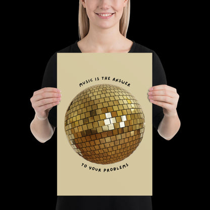 Music is The Answer Gold Disco Ball Wall Print -  Ibiza Colourful Funny Cute Birthday Art Gift Unique Funky House Music Poster Disco