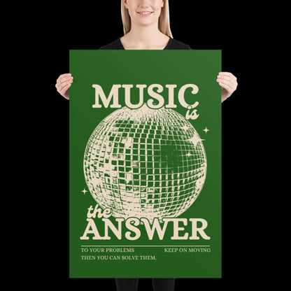 Music is the Answer Green Khaki Disco Ball Wall Print -  Ibiza Colourful Funny Cute Birthday Art Gift Unique Funky House Music Poster