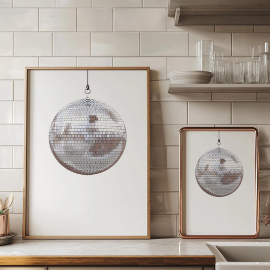 Silver Disco Ball Print - Ibiza Art Bold A1 A2 A3 A4 Typographic Colourful House Music Poster Groovy Bar Disco Funky Simple White Unique