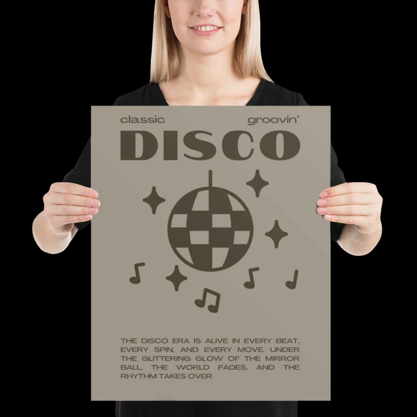 Disco Graphic Khaki Grey Monochrome Wall Print - Ibiza Colourful Funny Cute Birthday Art Gift Unique Funky House Music Poster Lyrics