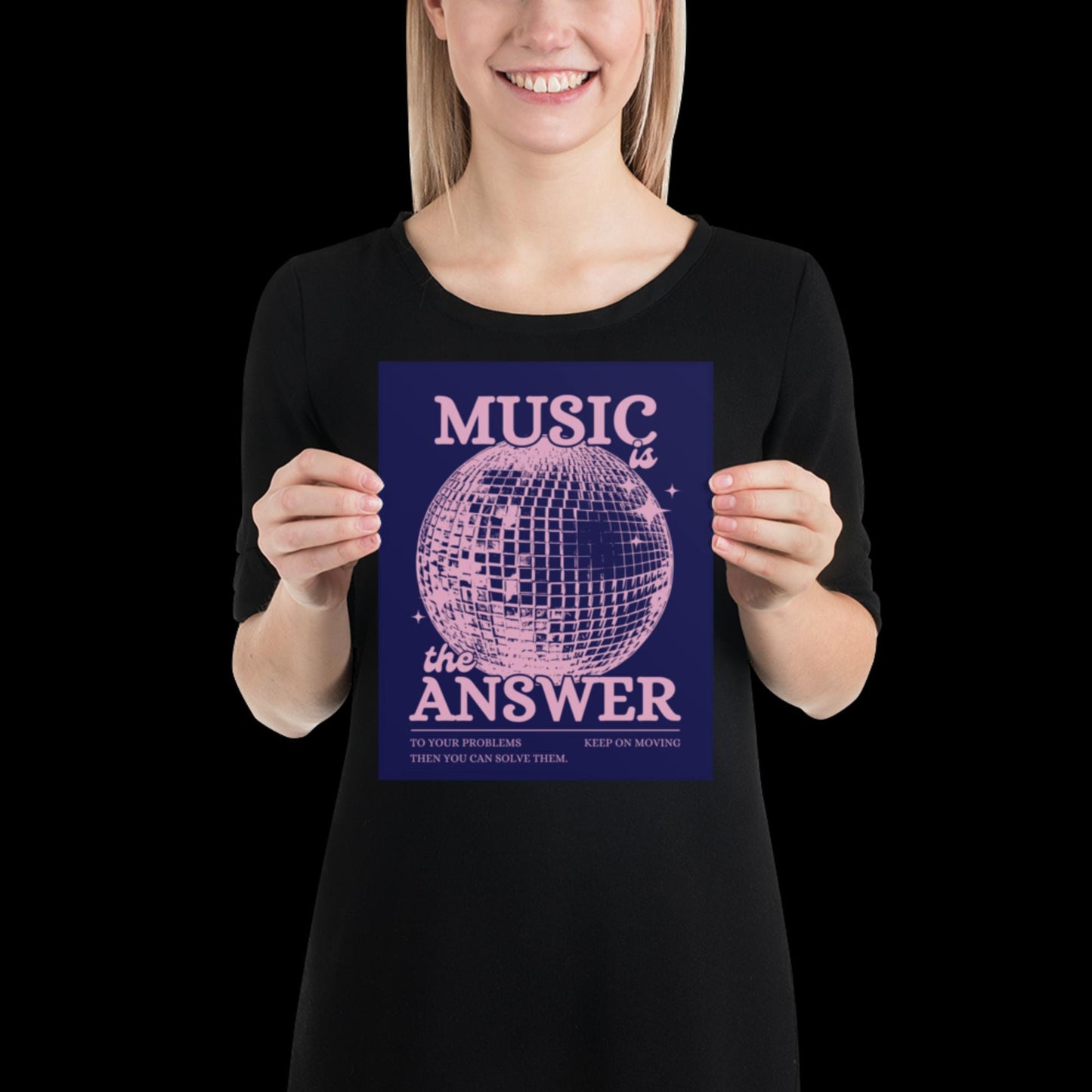 Music is the Answer Navy Blue and Pink Disco Ball Wall Print - Ibiza Colourful Funny Cute Birthday Christmas Gift Unique Leopard Cocktail