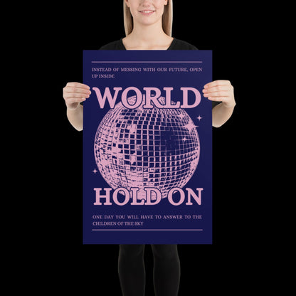 World Hold On Navy Blue and Pink Disco Ball Wall Print - Ibiza Colourful Funny Cute Birthday Christmas Gift Unique Leopard Cocktail