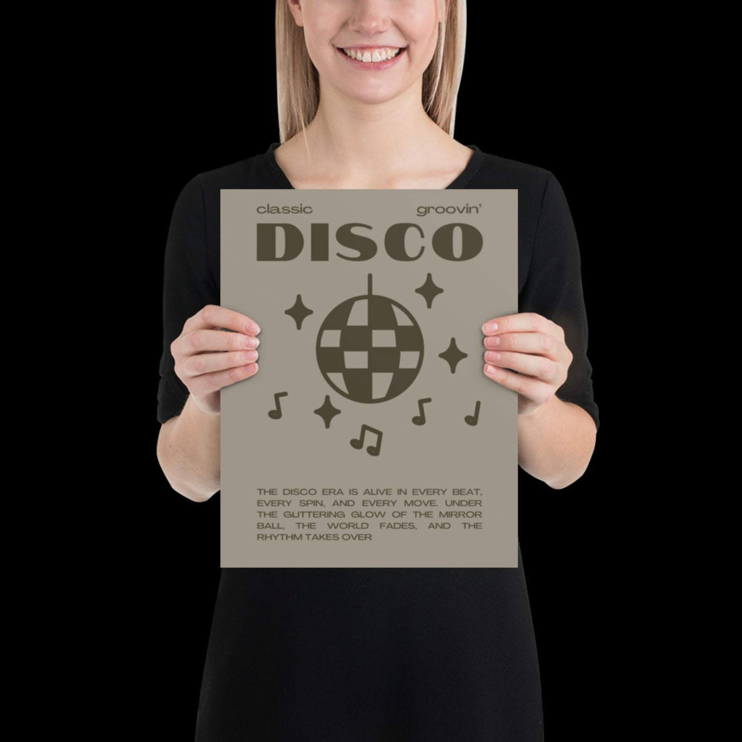 Disco Graphic Khaki Grey Monochrome Wall Print - Ibiza Colourful Funny Cute Birthday Art Gift Unique Funky House Music Poster Lyrics