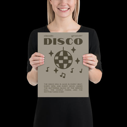 Disco Graphic Khaki Grey Monochrome Wall Print - Ibiza Colourful Funny Cute Birthday Art Gift Unique Funky House Music Poster Lyrics