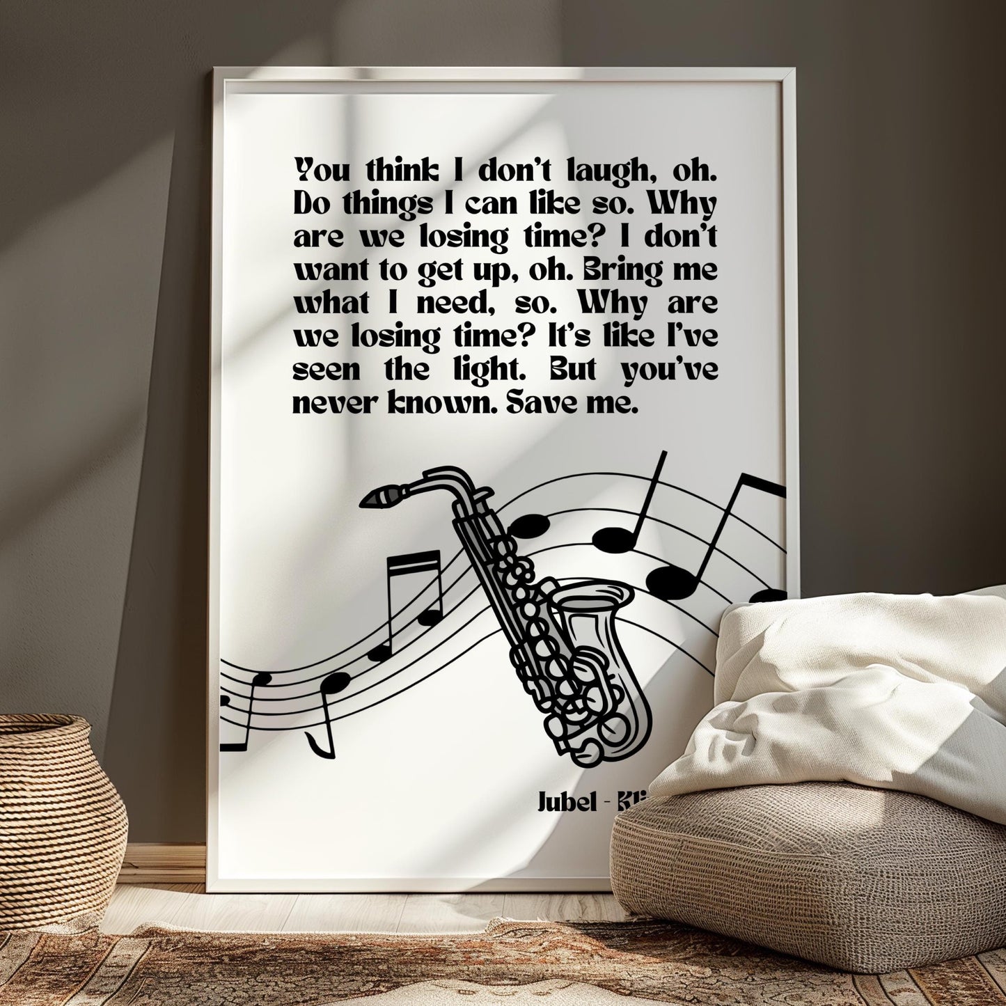 Jubel Klingande Inspired Monochrome Print - Song Lyric Music Poster Wall Art Typographic Lyrics Ibiza House Music Wall Decor Saxophone