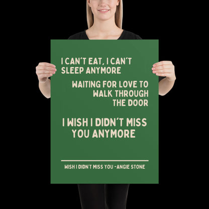 Wish I Didn't Miss You Angie Stone Inspired Print - Green and Beige - Lyric Ibiza Bold Typographic Colourful House Music Poster Groovy Disco
