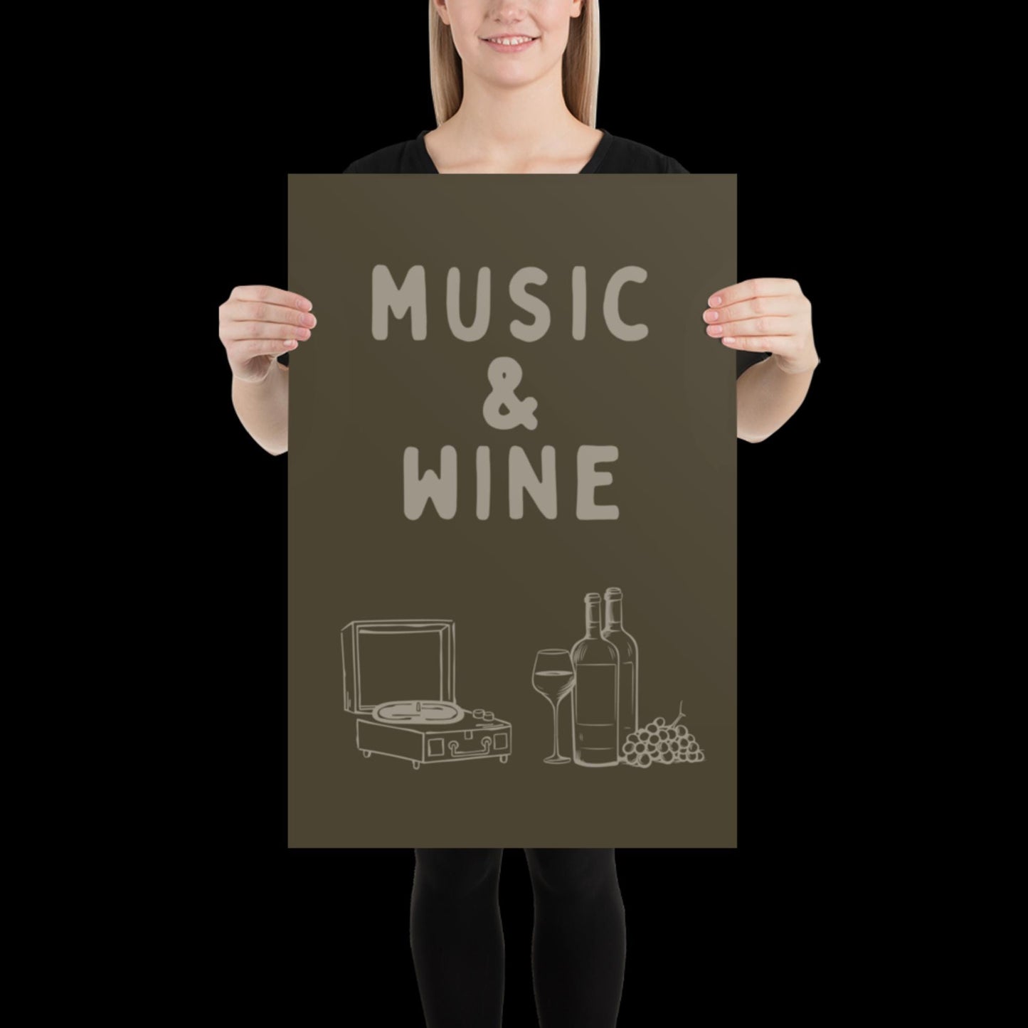 Music and Wine Khaki Green Wall Print -  Ibiza Colourful Funny Cute Birthday Art Gift Unique Funky House Music Poster Lyrics Kitchen