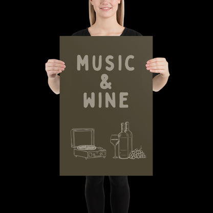 Music and Wine Khaki Green Wall Print -  Ibiza Colourful Funny Cute Birthday Art Gift Unique Funky House Music Poster Lyrics Kitchen