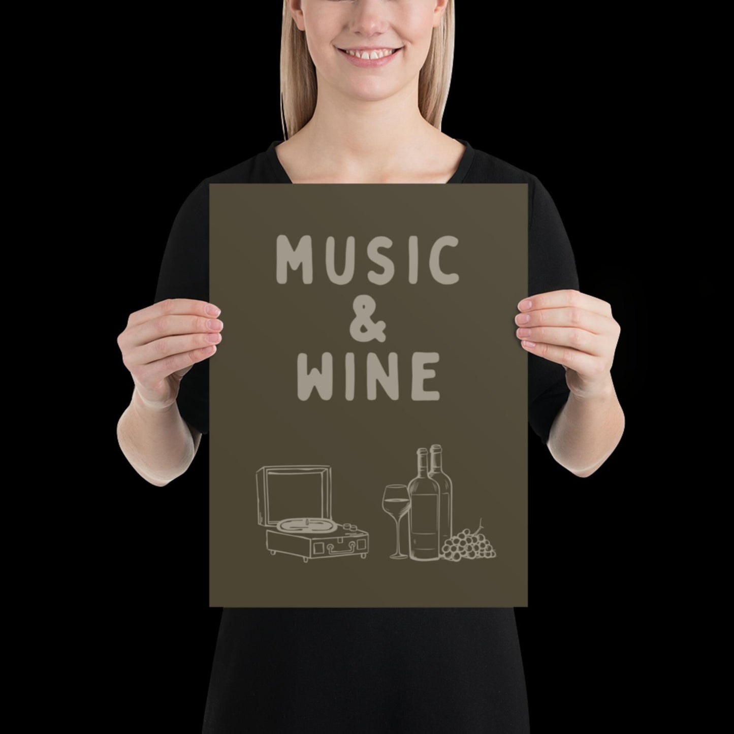 Music and Wine Khaki Green Wall Print -  Ibiza Colourful Funny Cute Birthday Art Gift Unique Funky House Music Poster Lyrics Kitchen