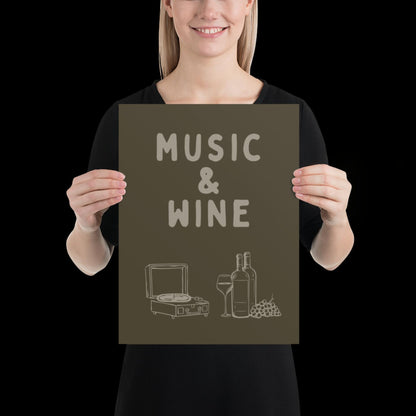 Music and Wine Khaki Green Wall Print -  Ibiza Colourful Funny Cute Birthday Art Gift Unique Funky House Music Poster Lyrics Kitchen