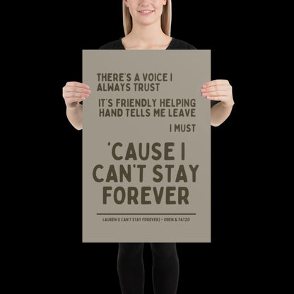 I Can't Stay Forever Beige Silver Wall Print - Ibiza Colourful Funny Cute Birthday Art Gift Unique Funky House Music Poster Lyrics