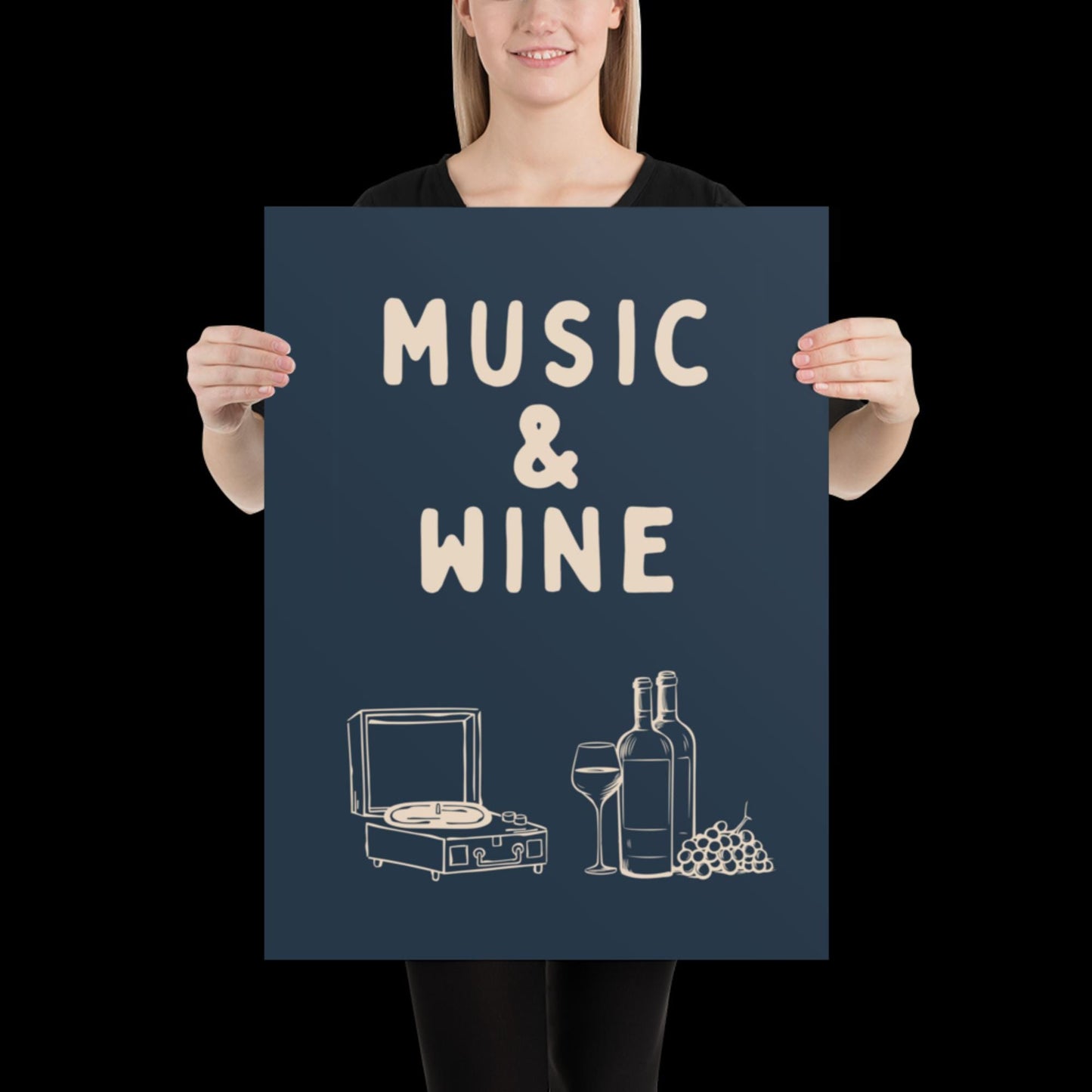 Music and Wine Navy Blue and Beige Wall Print -  Ibiza Colourful Funny Cute Birthday Art Gift Unique Funky House Music Poster Lyrics Kitchen