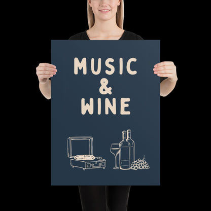 Music and Wine Navy Blue and Beige Wall Print -  Ibiza Colourful Funny Cute Birthday Art Gift Unique Funky House Music Poster Lyrics Kitchen