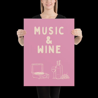Music and Wine Pink and Beige Wall Print -  Ibiza Colourful Funny Cute Birthday Art Gift Unique Funky House Music Poster Lyrics Kitchen