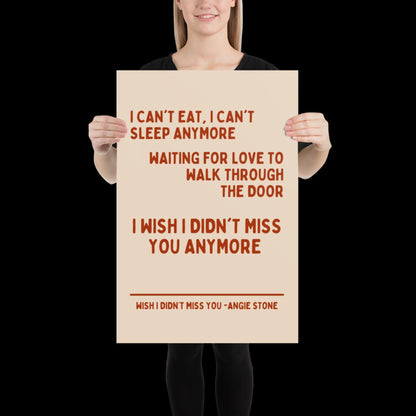 Wish I Didn't Miss You Angie Stone Inspired Print - Beige and Red - Lyric Ibiza Bold Typographic Colourful House Music Poster Groovy Disco
