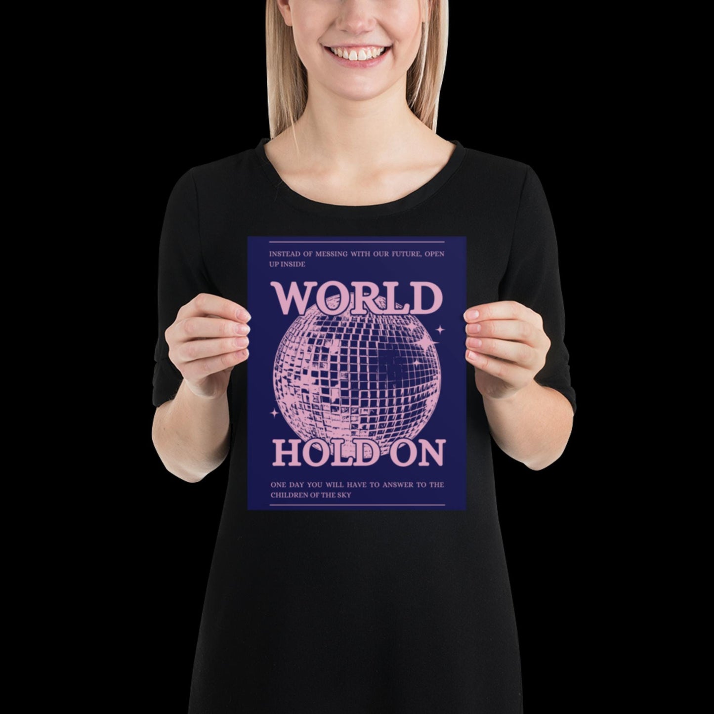 World Hold On Navy Blue and Pink Disco Ball Wall Print - Ibiza Colourful Funny Cute Birthday Christmas Gift Unique Leopard Cocktail
