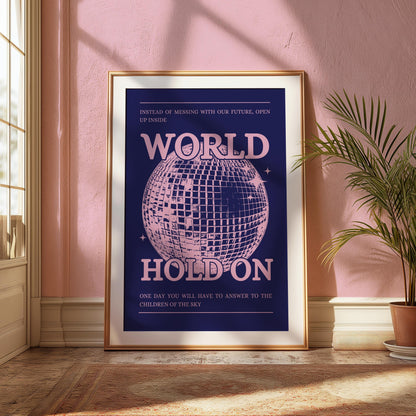 World Hold On Navy Blue and Pink Disco Ball Wall Print - Ibiza Colourful Funny Cute Birthday Christmas Gift Unique Leopard Cocktail