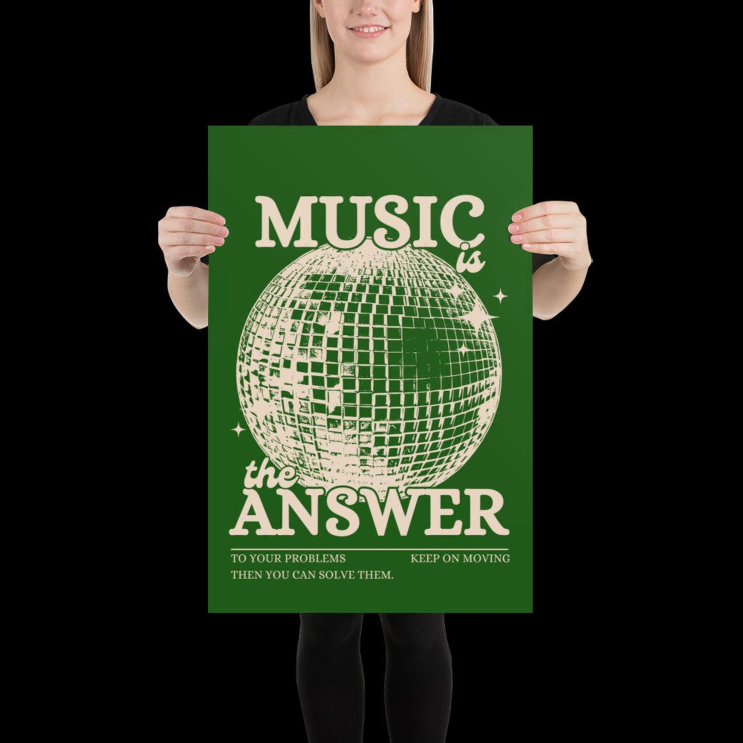 Music is the Answer Green Khaki Disco Ball Wall Print -  Ibiza Colourful Funny Cute Birthday Art Gift Unique Funky House Music Poster