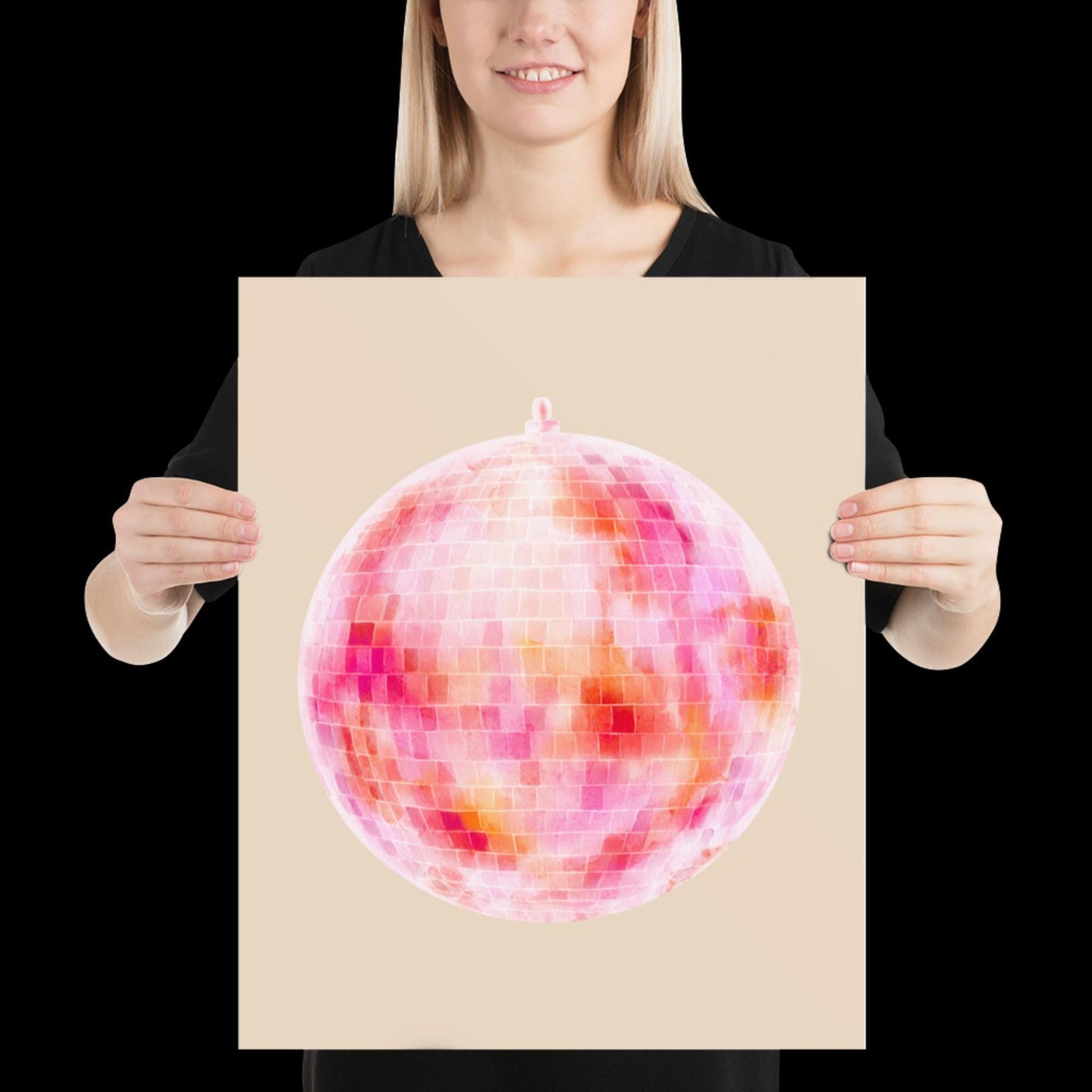 Watercolour Pink Disco Ball Wall Print - Fruit Ibiza Colourful Funny Cute Birthday Christmas Gift Unique Printed Cowboy Leopard