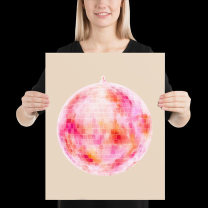 Watercolour Pink Disco Ball Wall Print - Fruit Ibiza Colourful Funny Cute Birthday Christmas Gift Unique Printed Cowboy Leopard