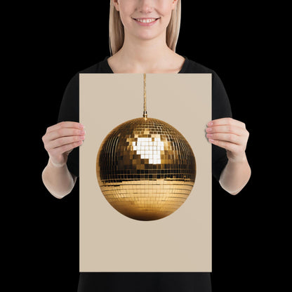 Gold Disco Ball Wall Print | Beige | Mirror Ball | Trendy | Music Poster | Wall Art | Funky | Typographic | A1 A2 A3 | Realistic | Ibiza
