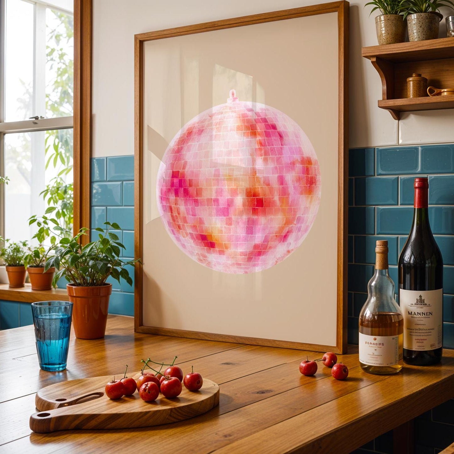 Watercolour Pink Disco Ball Wall Print - Fruit Ibiza Colourful Funny Cute Birthday Christmas Gift Unique Printed Cowboy Leopard