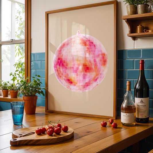 Watercolour Pink Disco Ball Wall Print - Fruit Ibiza Colourful Funny Cute Birthday Christmas Gift Unique Printed Cowboy Leopard