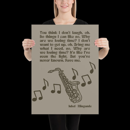 Jubel Klingande Inspired Print Silver Khaki - Song Lyric Music Poster Wall Art Typographic Lyrics Ibiza House Music Wall Decor Saxophone